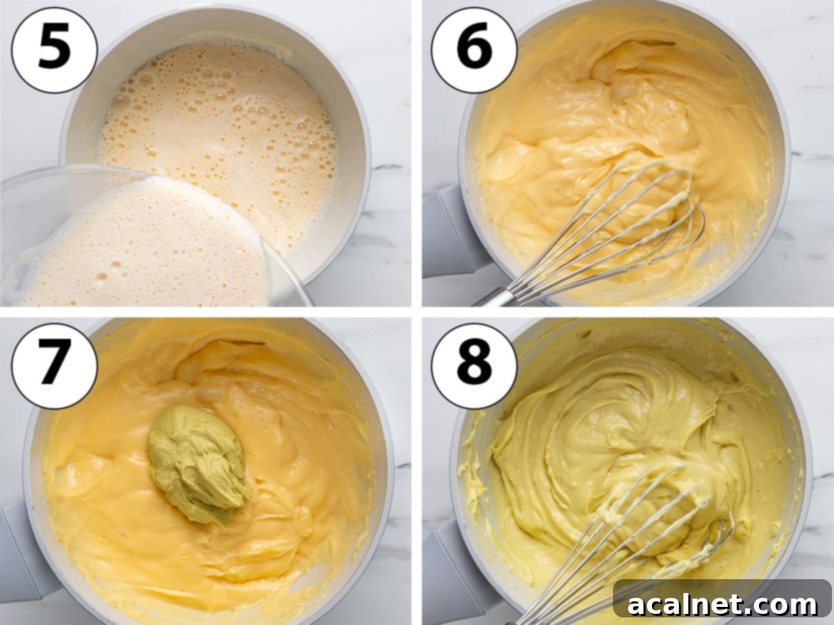 Process shot collage: cooking the custard on the stove then mixing in pistachio paste.