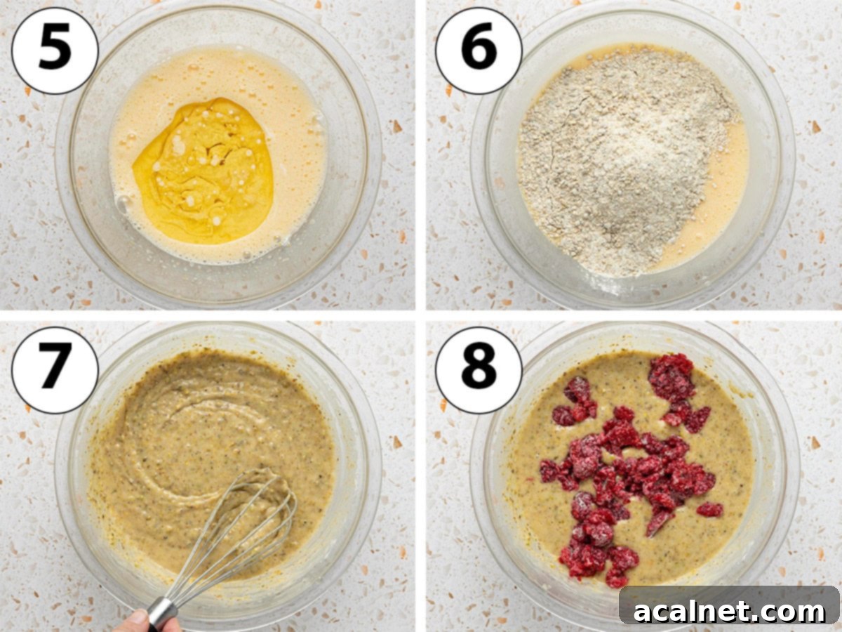 Process shots collage: adding oil, dry ingredients and raspberries.