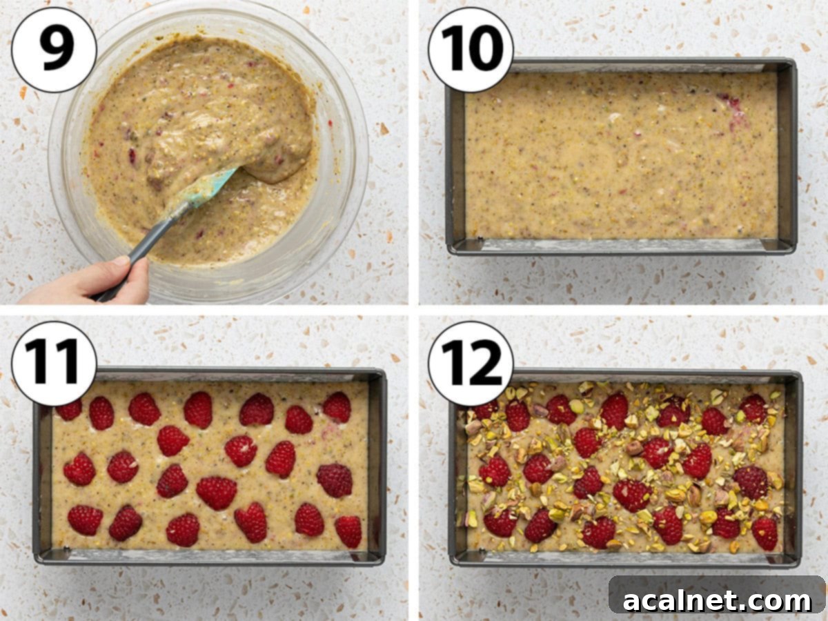 Process shot collage: mixing the batter, pouring it into a loaf pan and topping with raspberries and pistachios.