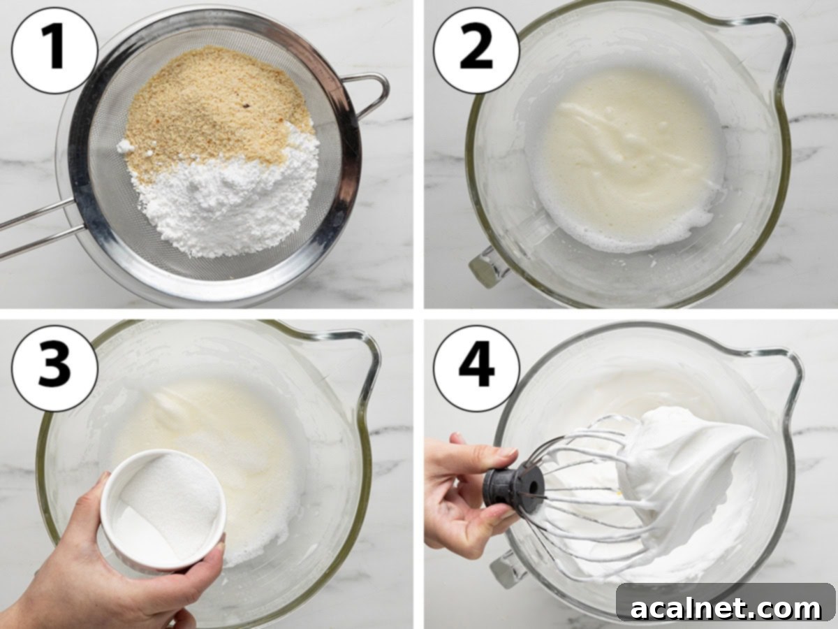 Process shot collage: sifting the dry ingredients and whipping the egg whites to make a meringue.