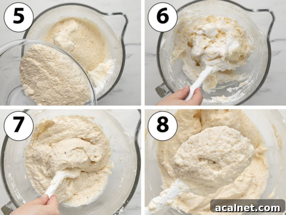 Process shot collage: folding the dry ingredients into the meringue.