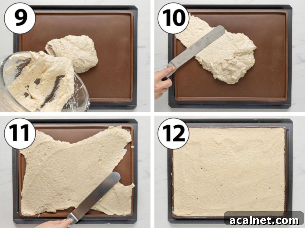 Process shot collage: spreading the sponge batter inside a silicone sheet pan.