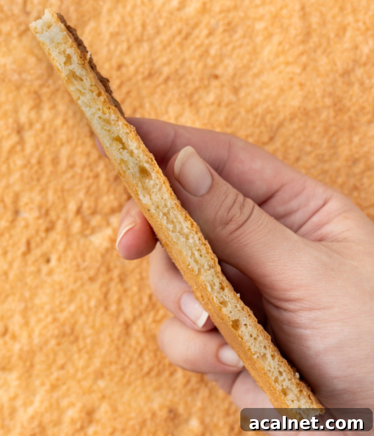 Crumb shot of a dacquoise layer held in a hand.