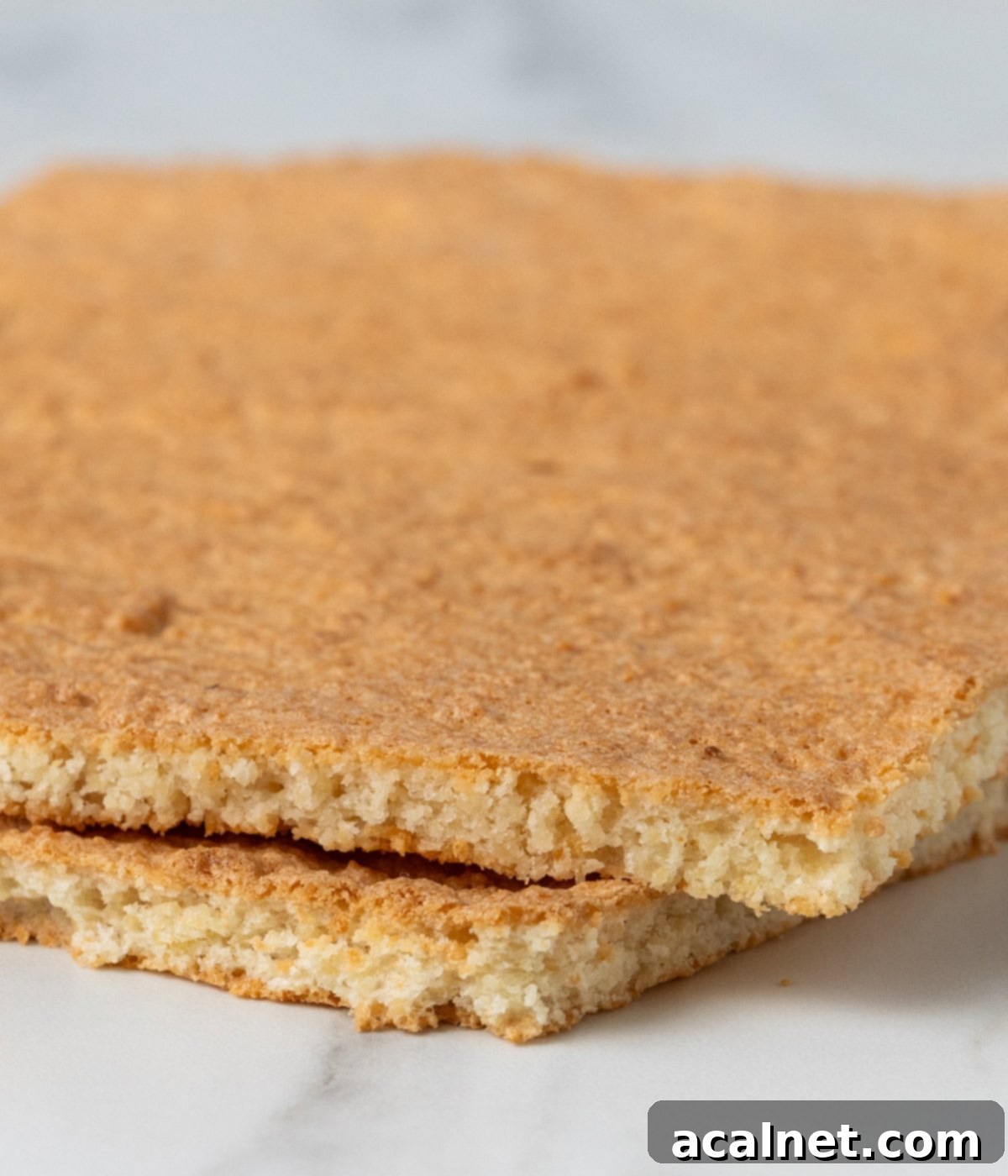 Side view on two layers of dacquoise on top of each other on a grey surface.