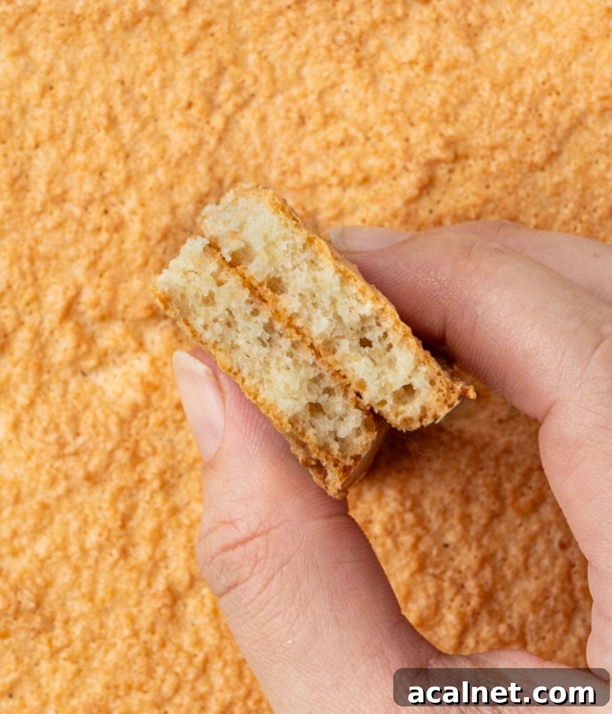 Two pieces of sponge held in a hand showing their crumb slice.