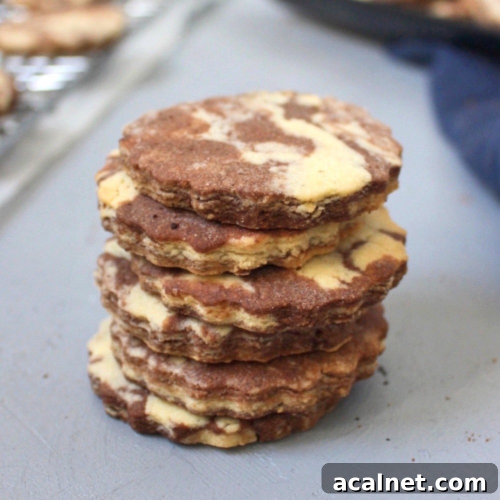 Stack of Cookies featuring the beautiful chocolate and vanilla marble pattern, perfect for holiday treats and sweet cravings.