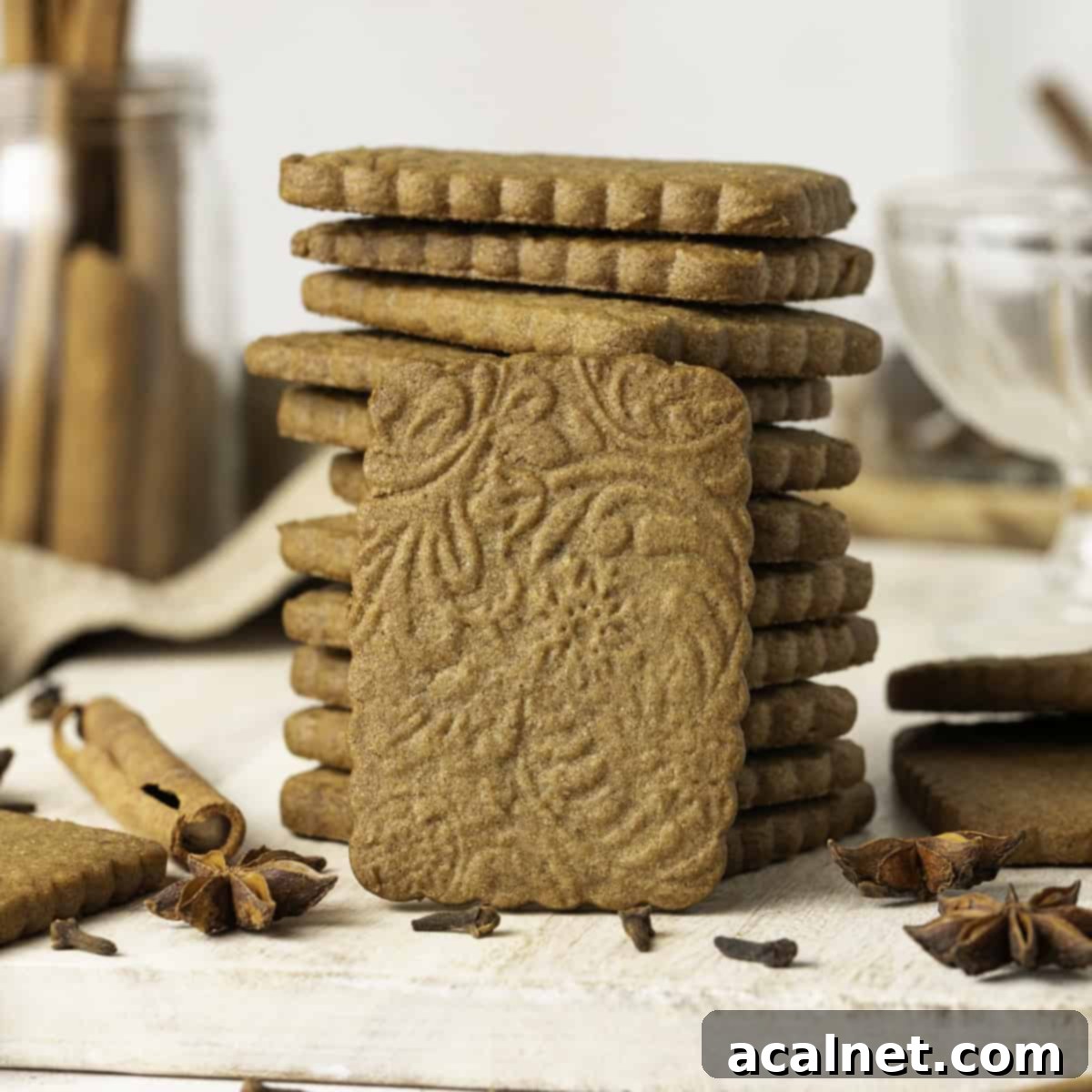 A single beautifully embossed speculoos cookie standing upright against a stack of more cookies, showcasing its intricate pattern and golden-brown hue.