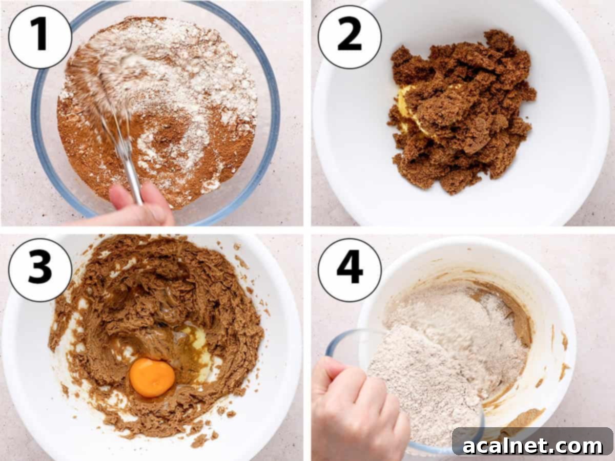 A collage of three process shots: 1) Dry ingredients being whisked in a bowl. 2) Soft butter, sugar, and egg being creamed together. 3) Dry and wet mixtures combined to form a rough dough.