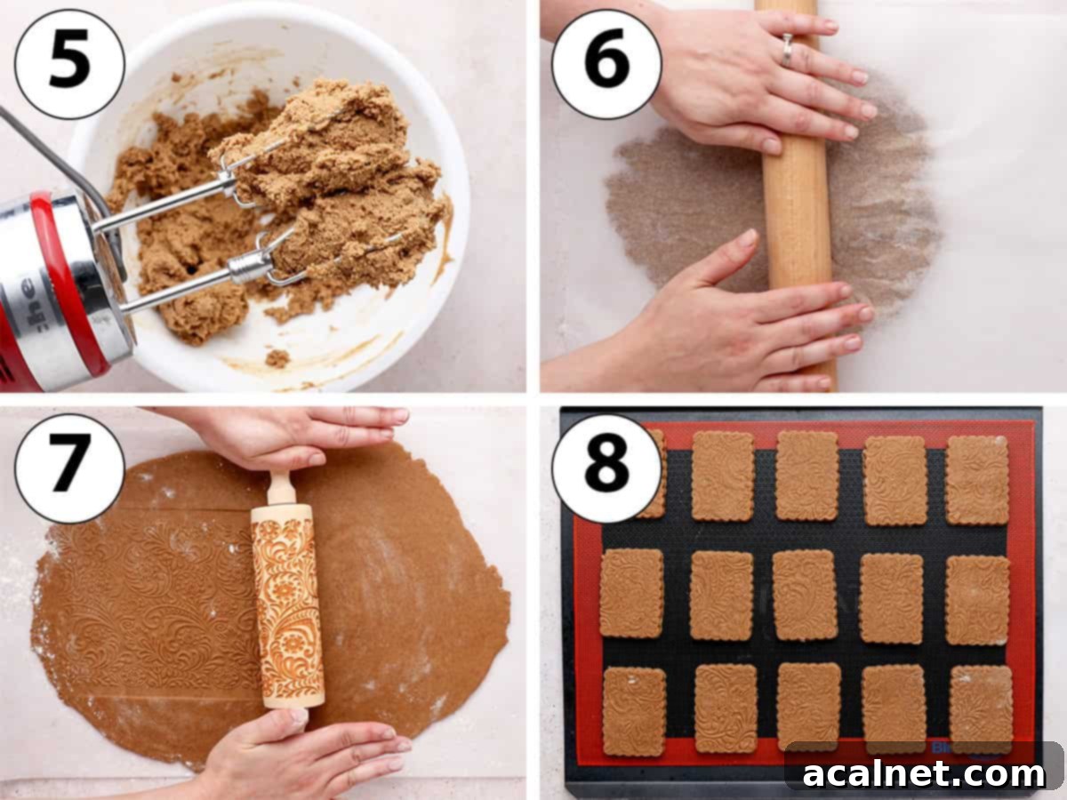 A collage of two process shots: 1) Rolling the dough evenly between parchment paper. 2) Arranging cut-out cookie shapes on a baking tray lined with parchment paper.