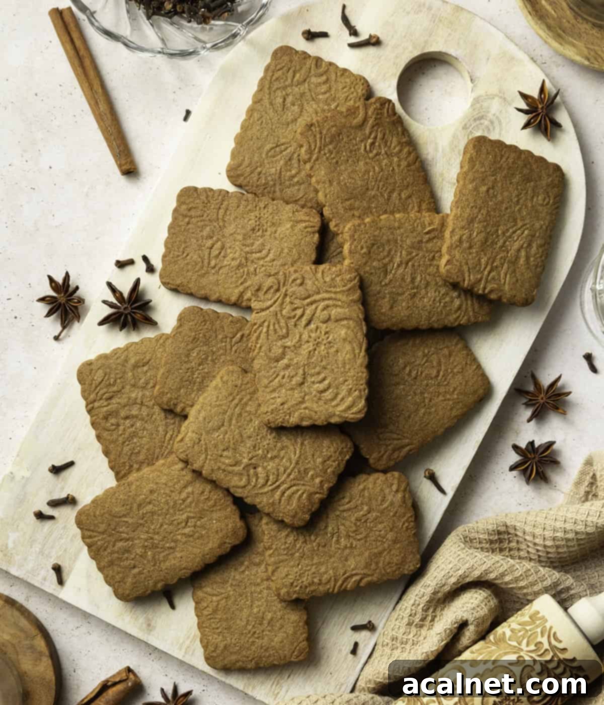 A collection of freshly baked, perfectly golden-brown Speculoos cookies artfully arranged on a rustic beige wooden board, viewed from above.