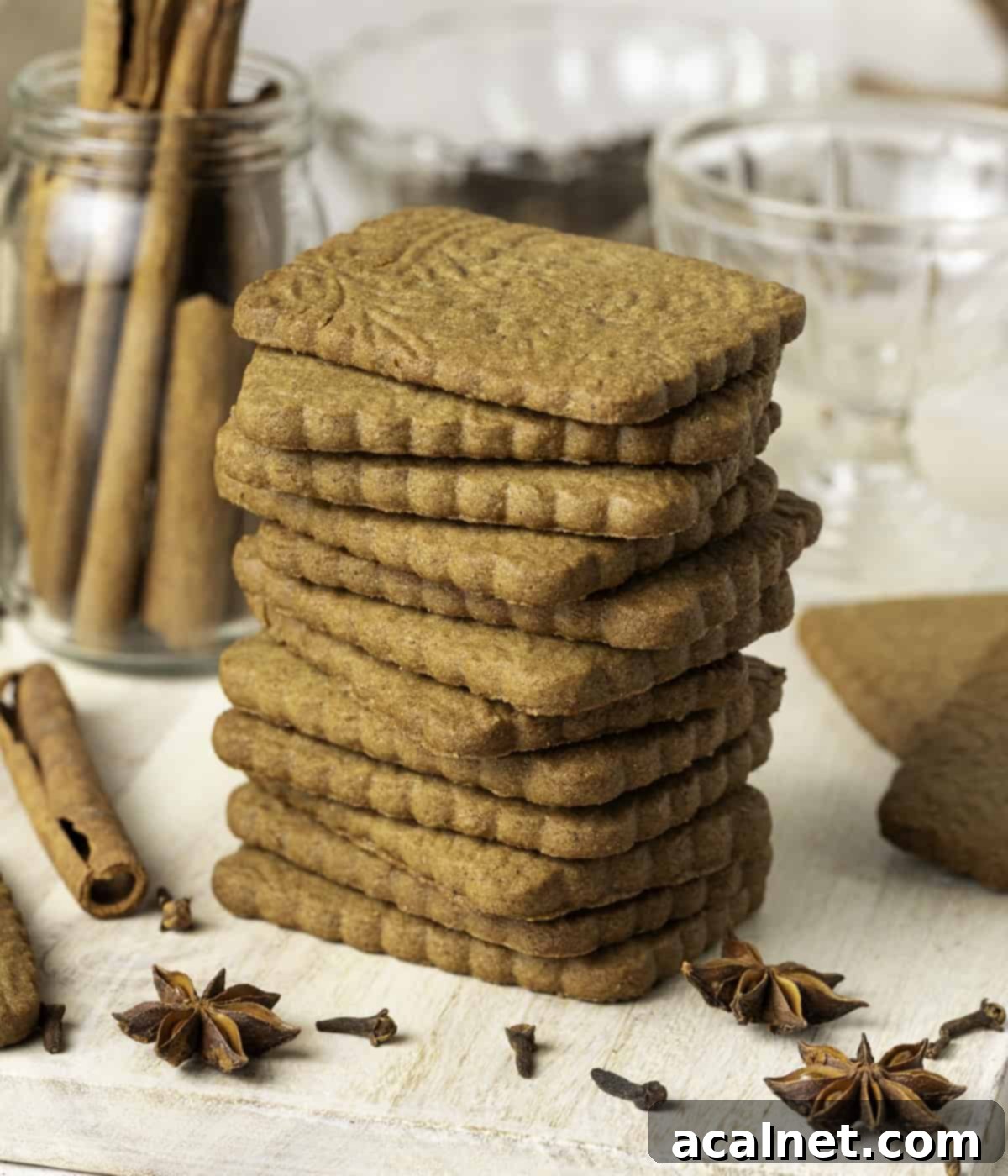 A tall, enticing stack of golden-brown Speculoos cookies neatly arranged on a rustic beige wooden board, ready to be enjoyed.