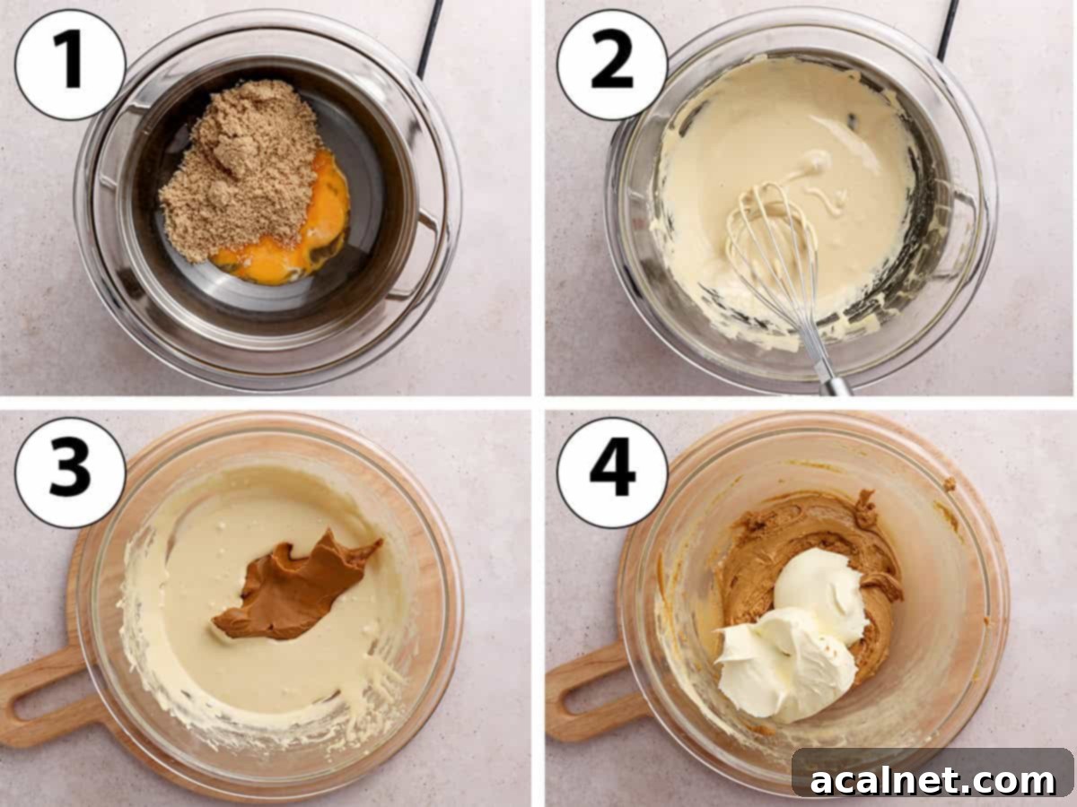 Process shot collage: cooking yolks & sugar over double boiler then mixing in biscoff spread and mascarpone.