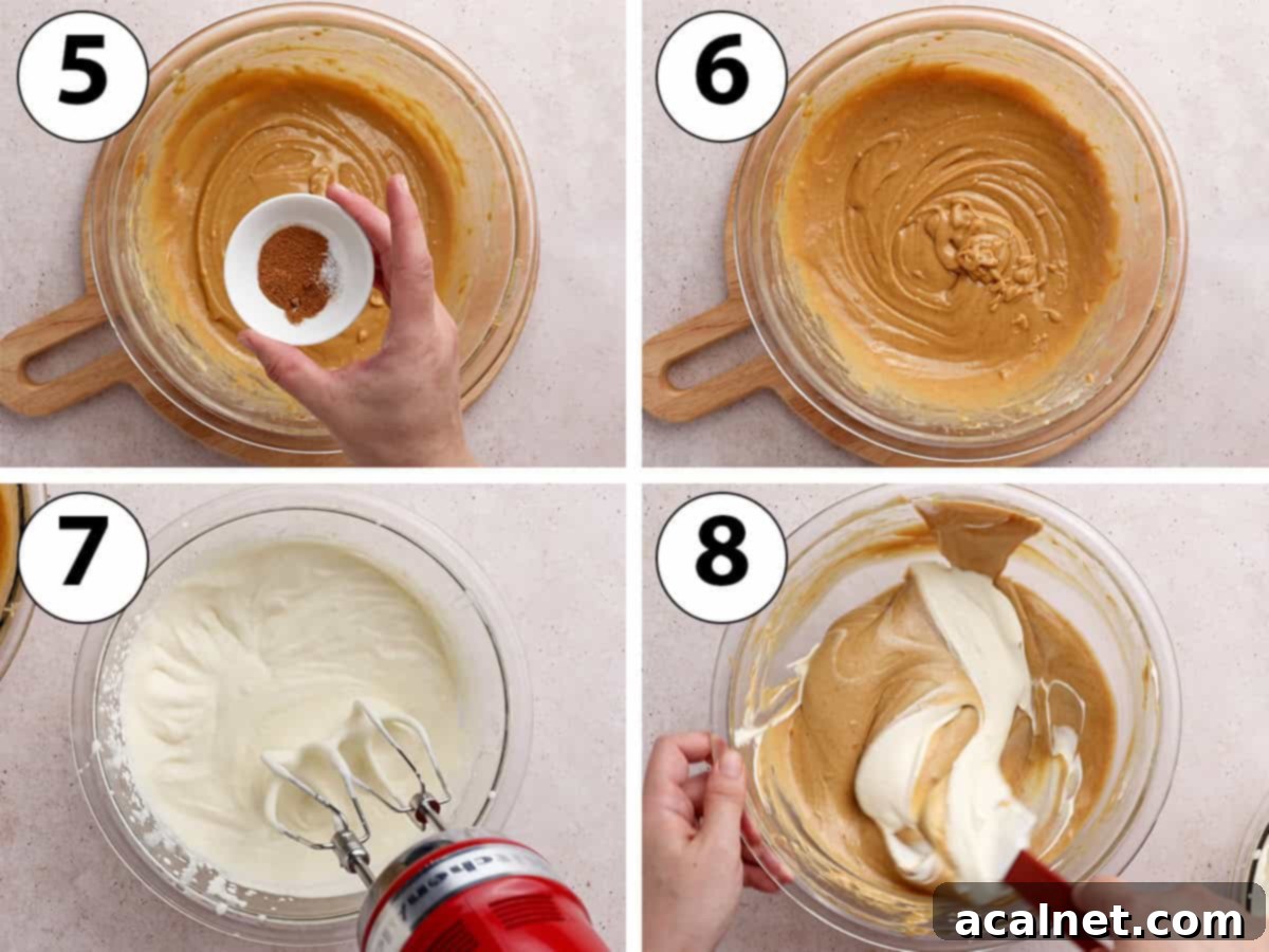 Process shot collage: adding spices, whipping cream and folding it into the mascarpone cream.