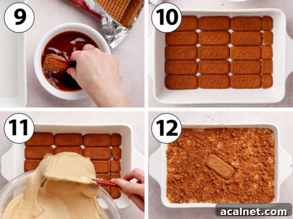 Process shot collage: dipping speculoos cookies in coffee, placing them in a ceramic baking dish and covering with cream.