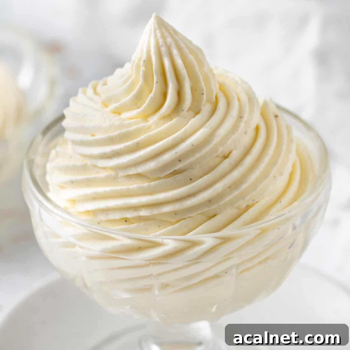 Close up on the cream piped in a swirl inside a glass dessert cup.