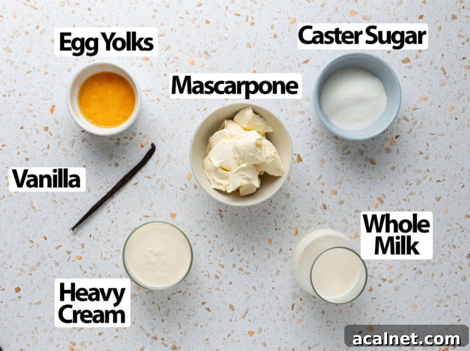 Ingredients laid on a white speckled surface.