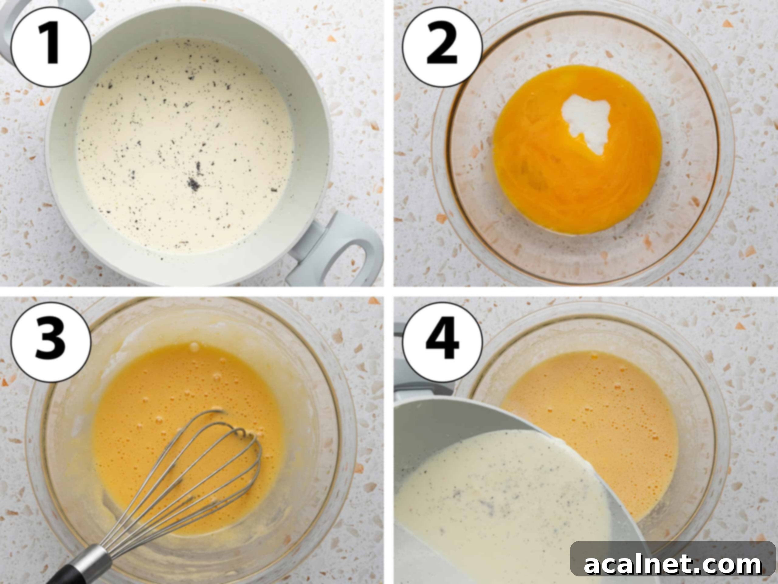 Process shots collage: infusing the milk with vanilla, whisking the egg yolks and sugar and combining the two mixtures.