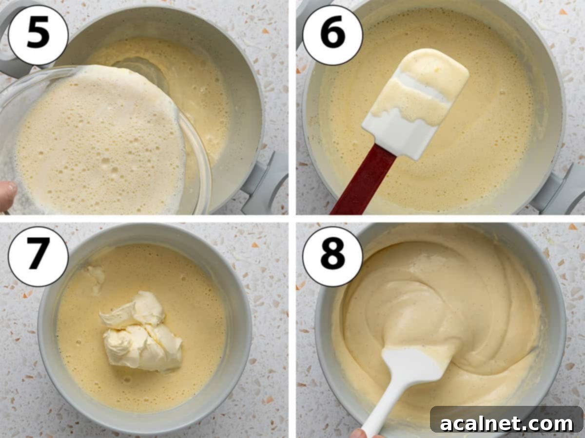 Process shot collage: Cooking the mixture on the stove until thickened then mixing in the mascarpone.