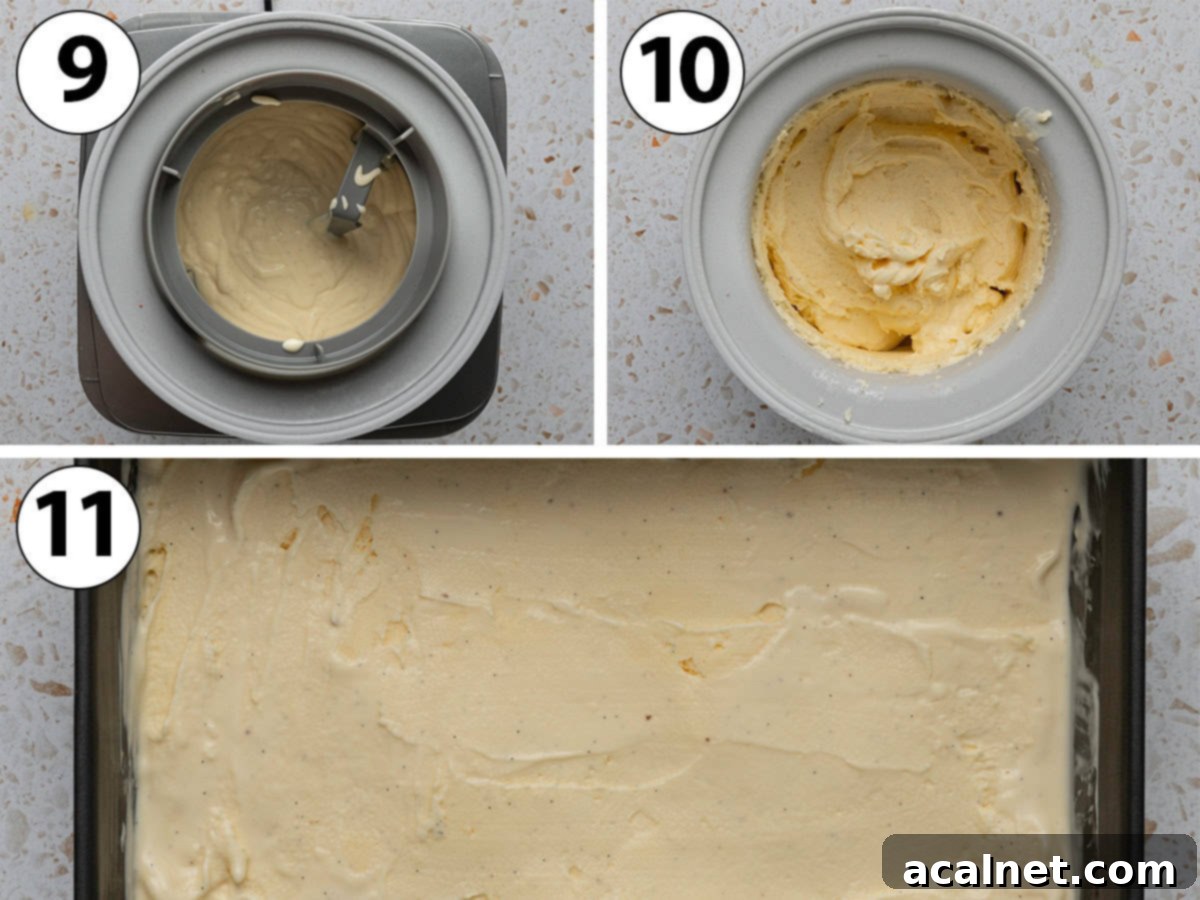 Process shot collage: churning the ice cream mixture in an ice cream machine then chilling it in a loaf pan.