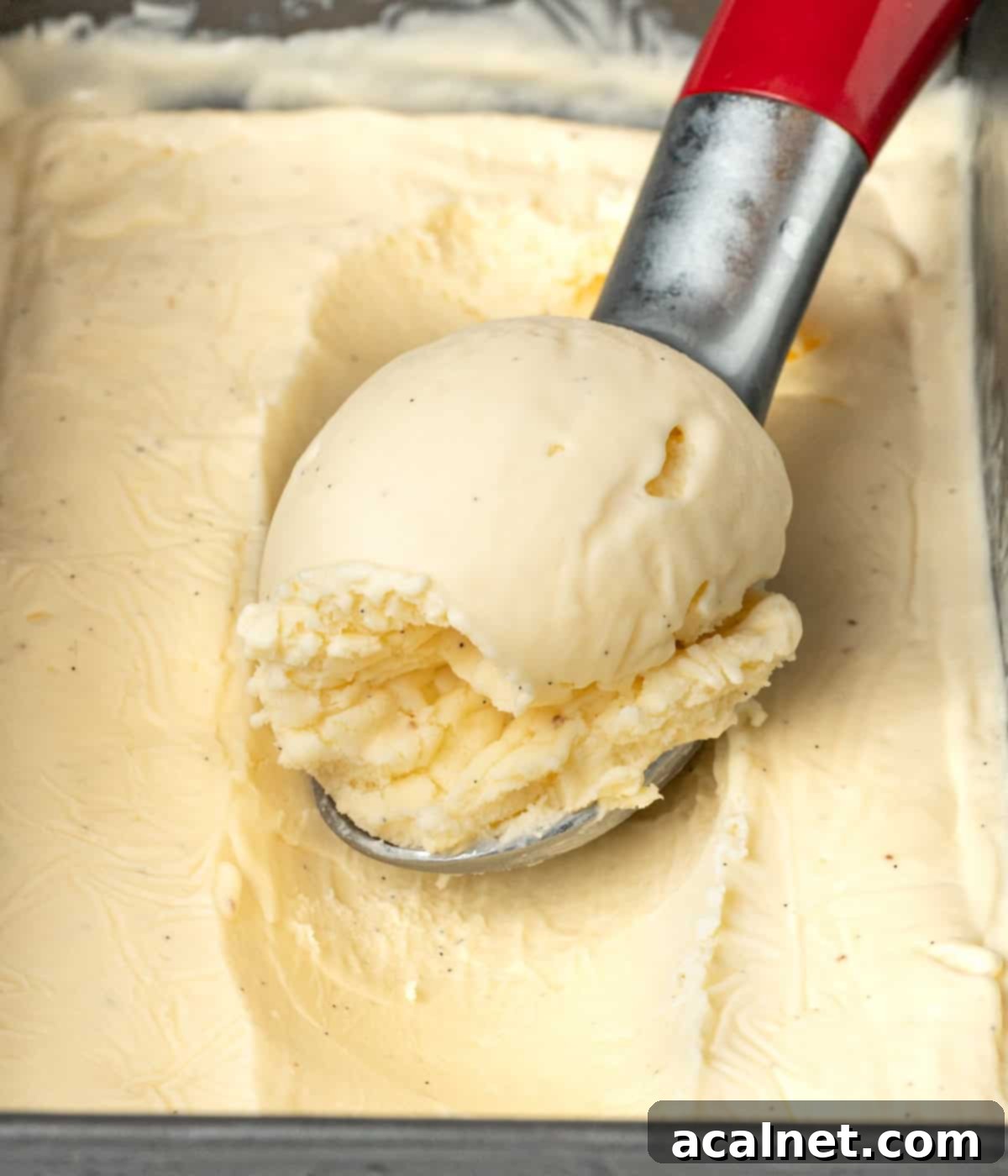 Ice cream scooped over a metal scoop inside the chilled loaf pan.