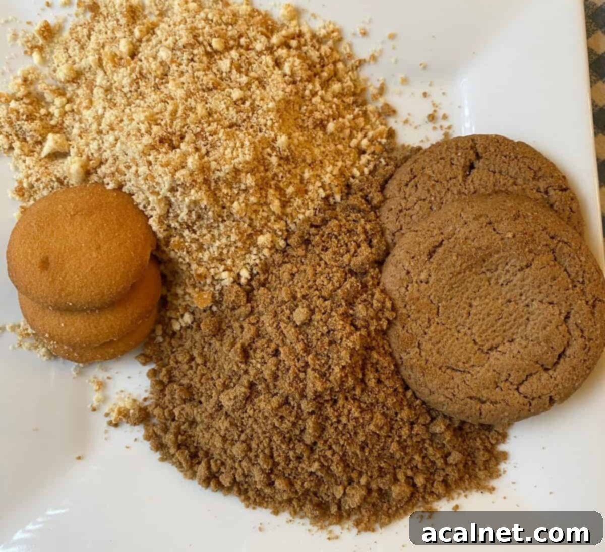 Gingersnaps and vanilla wafers placed next to crushed cookies and on a dish.