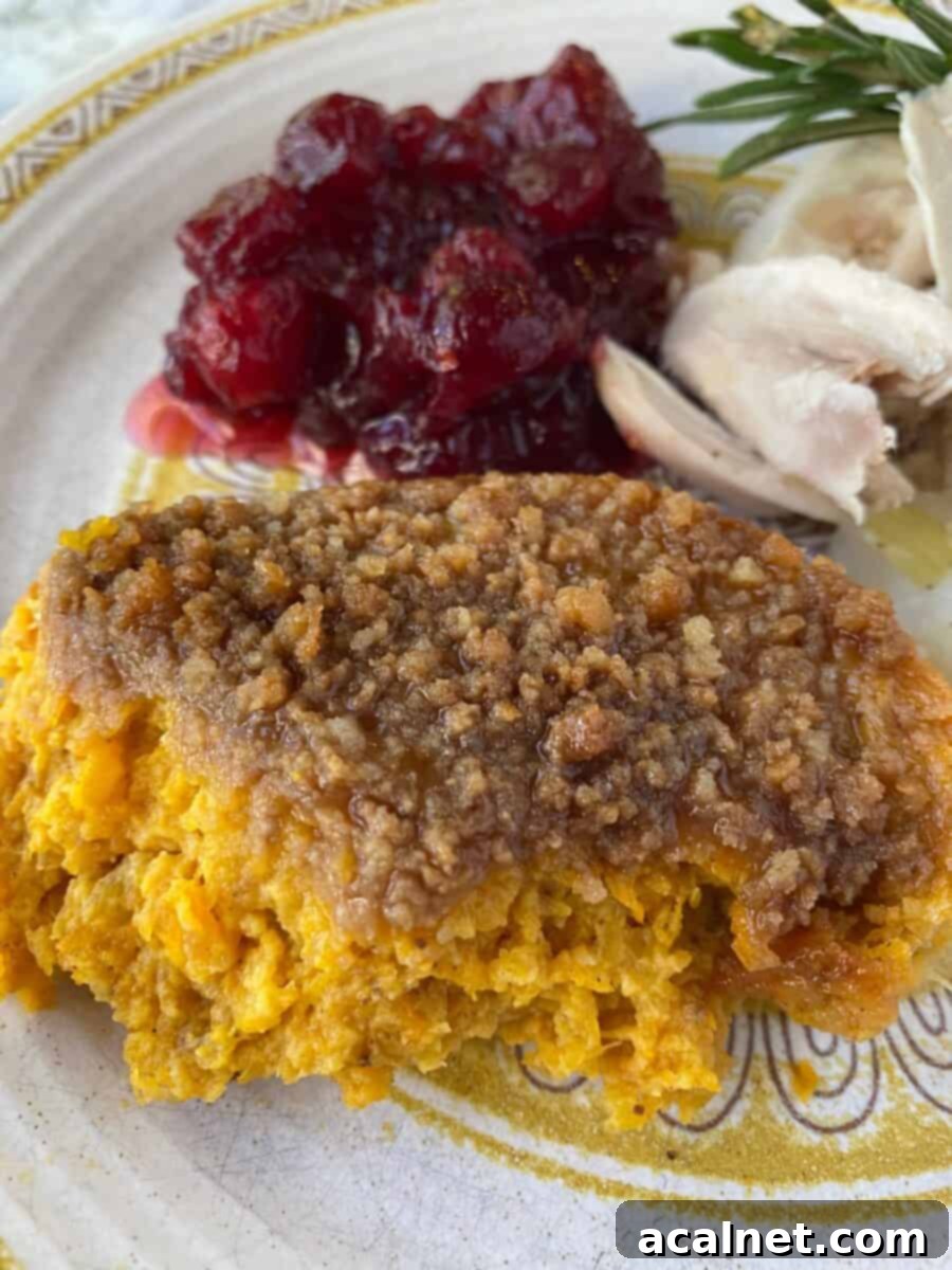 A scoop of casserole with chicken, cranberries and a sprig of rosemary.