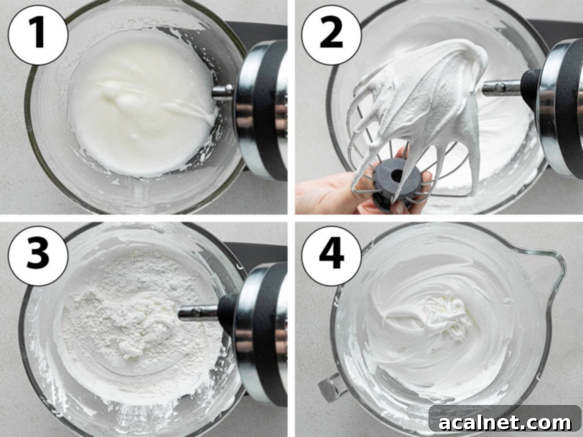 Process shot collage: whipping the egg whites and sugar, adding dry ingredients and whipping to stiff peaks.