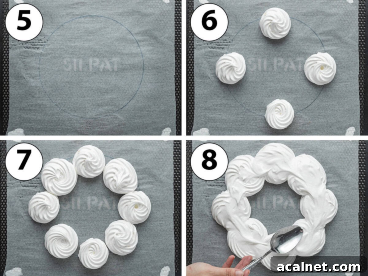Piping 8 dollops of meringue around a drawn circle on a sheet of baking paper to make a wreath.