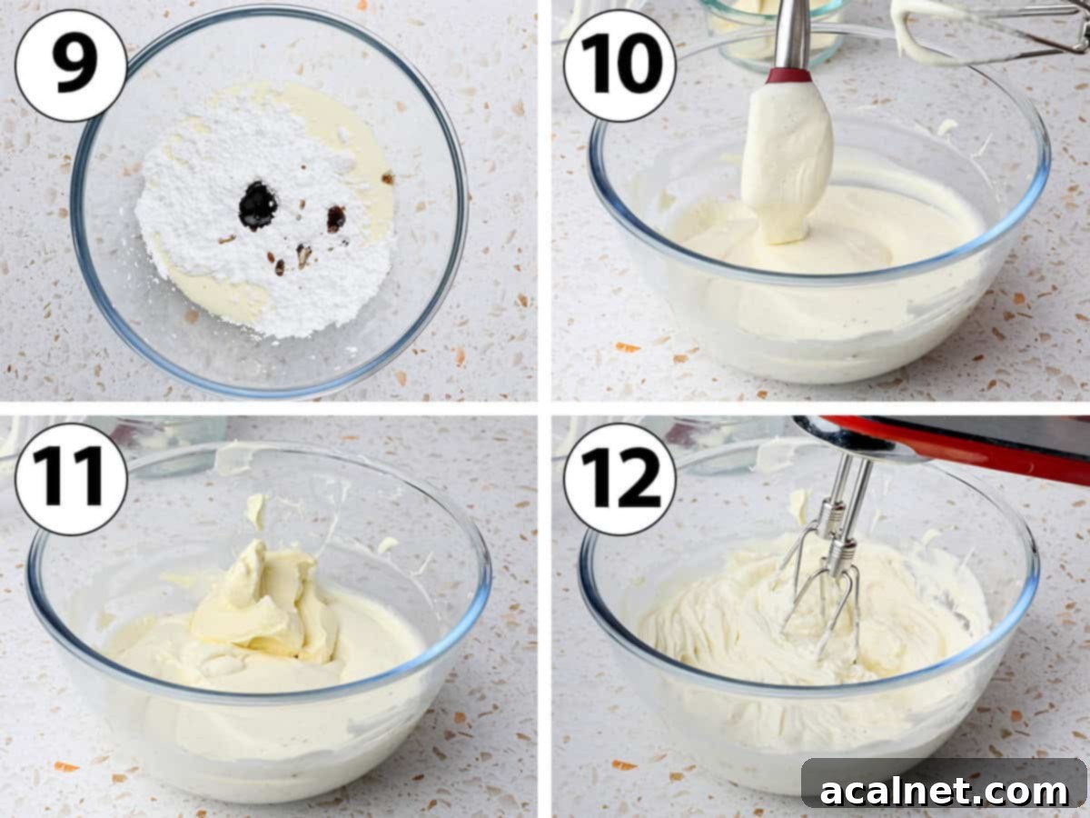 Process shot collage: making the mascarpone whipped cream in a bowl with a hand mixer.