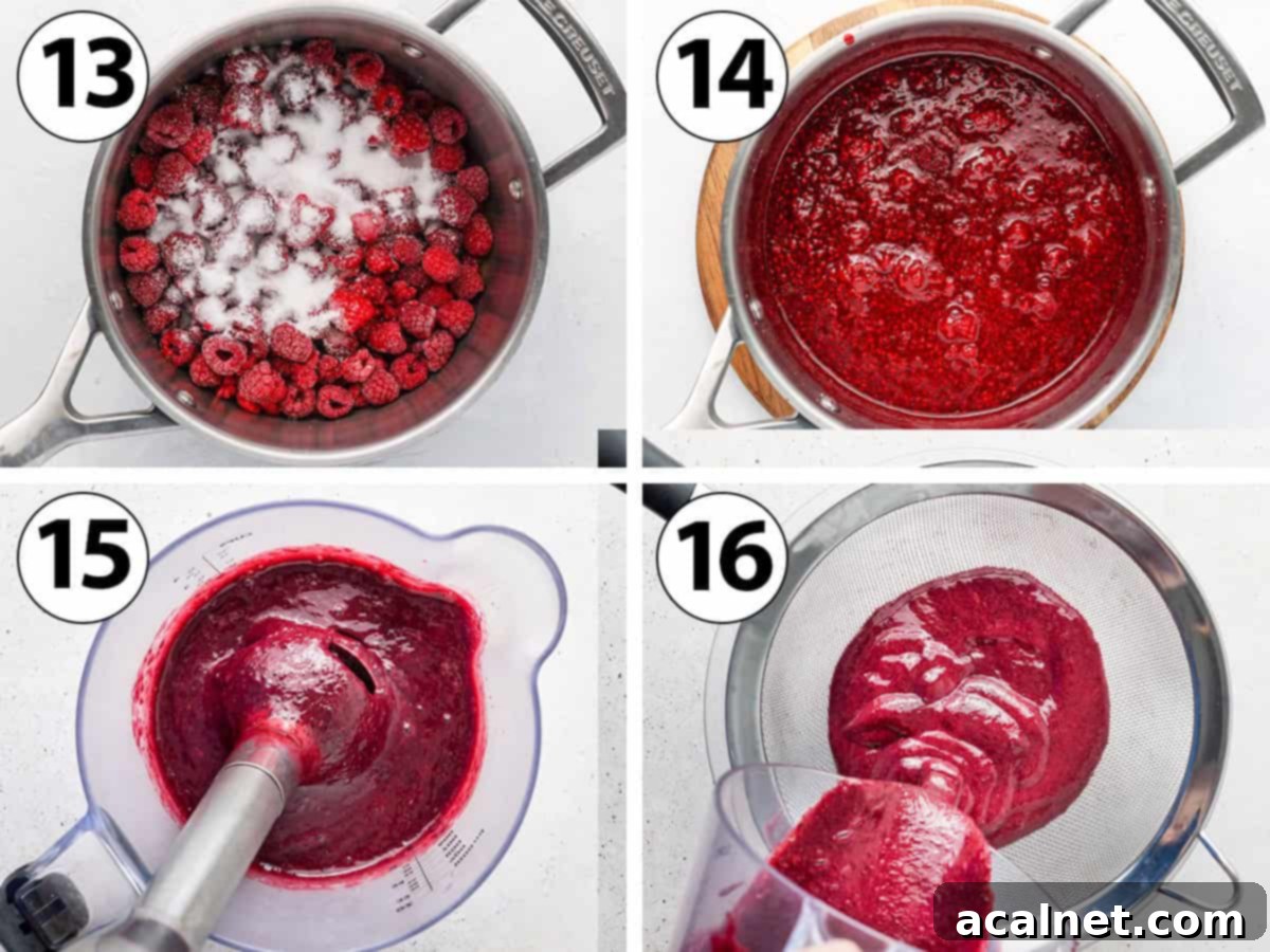 Process shot collage: cooking the coulis in a saucepan then blending and sieving it.