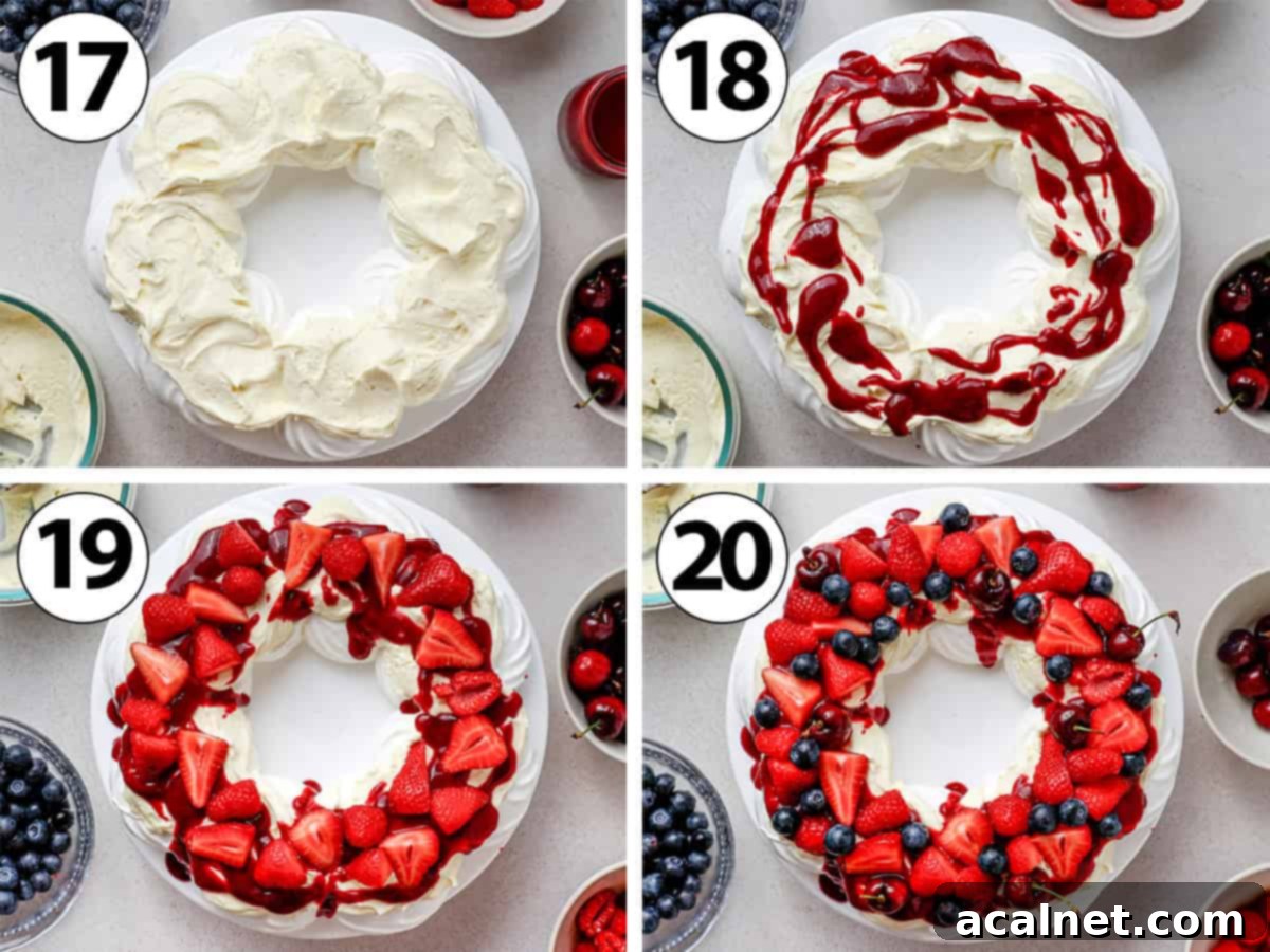 Process shot collage: assembling the pavlova with a layer of whipped cream, drizzle of coulis then assorted fresh fruits.