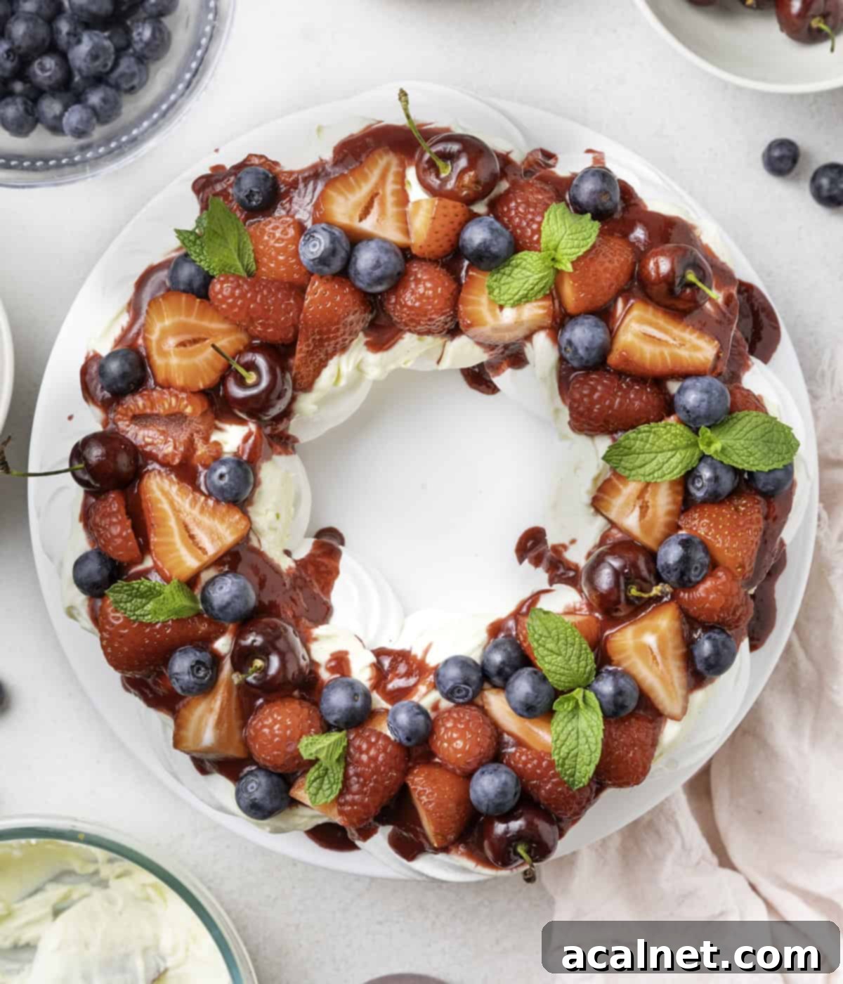 Wreath seen from above on a white tray.