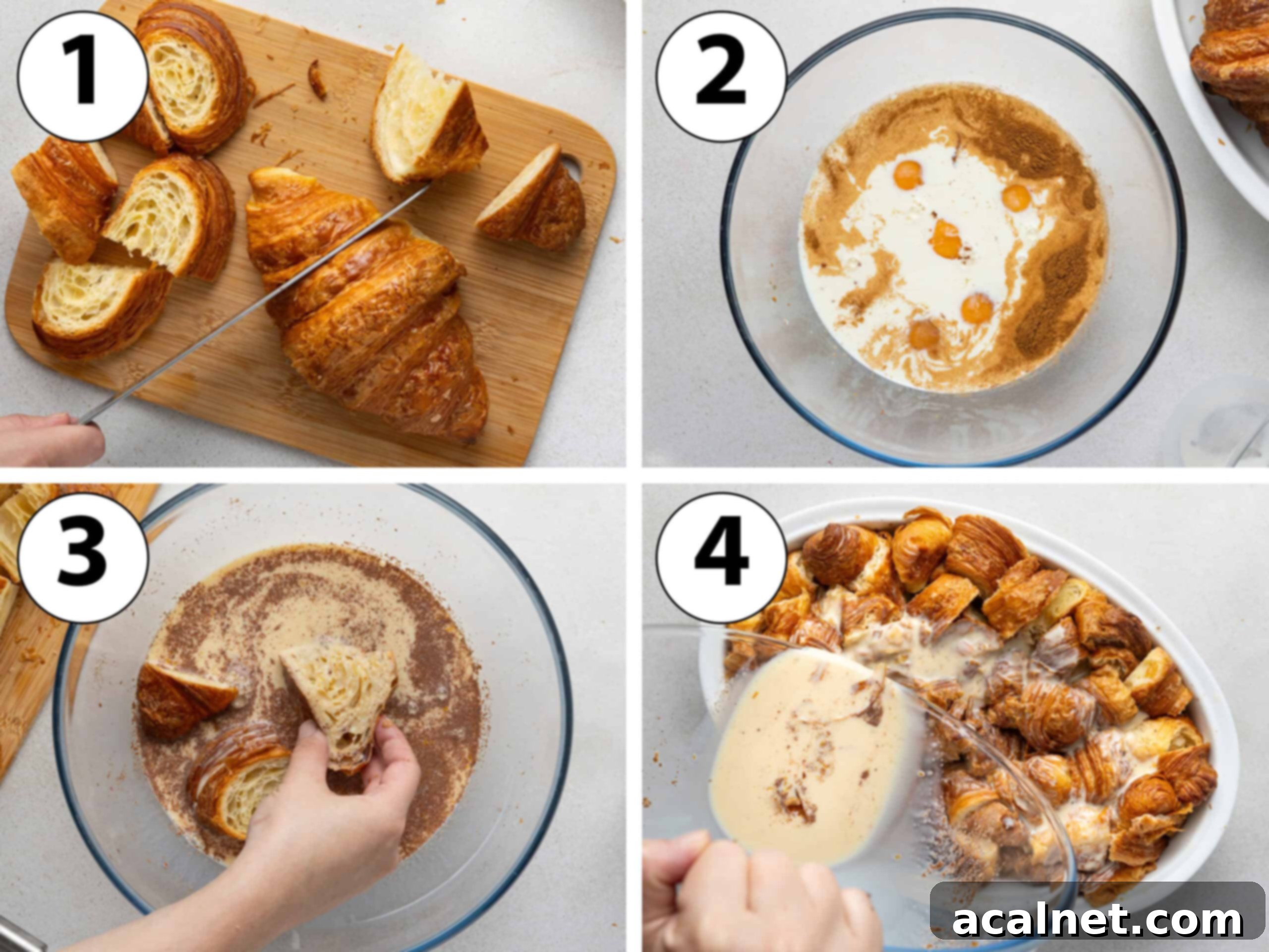 Process shot collage: slicing the croissant, making the custard, dipping the croissant in the mixture then transferring into a large baking dish.