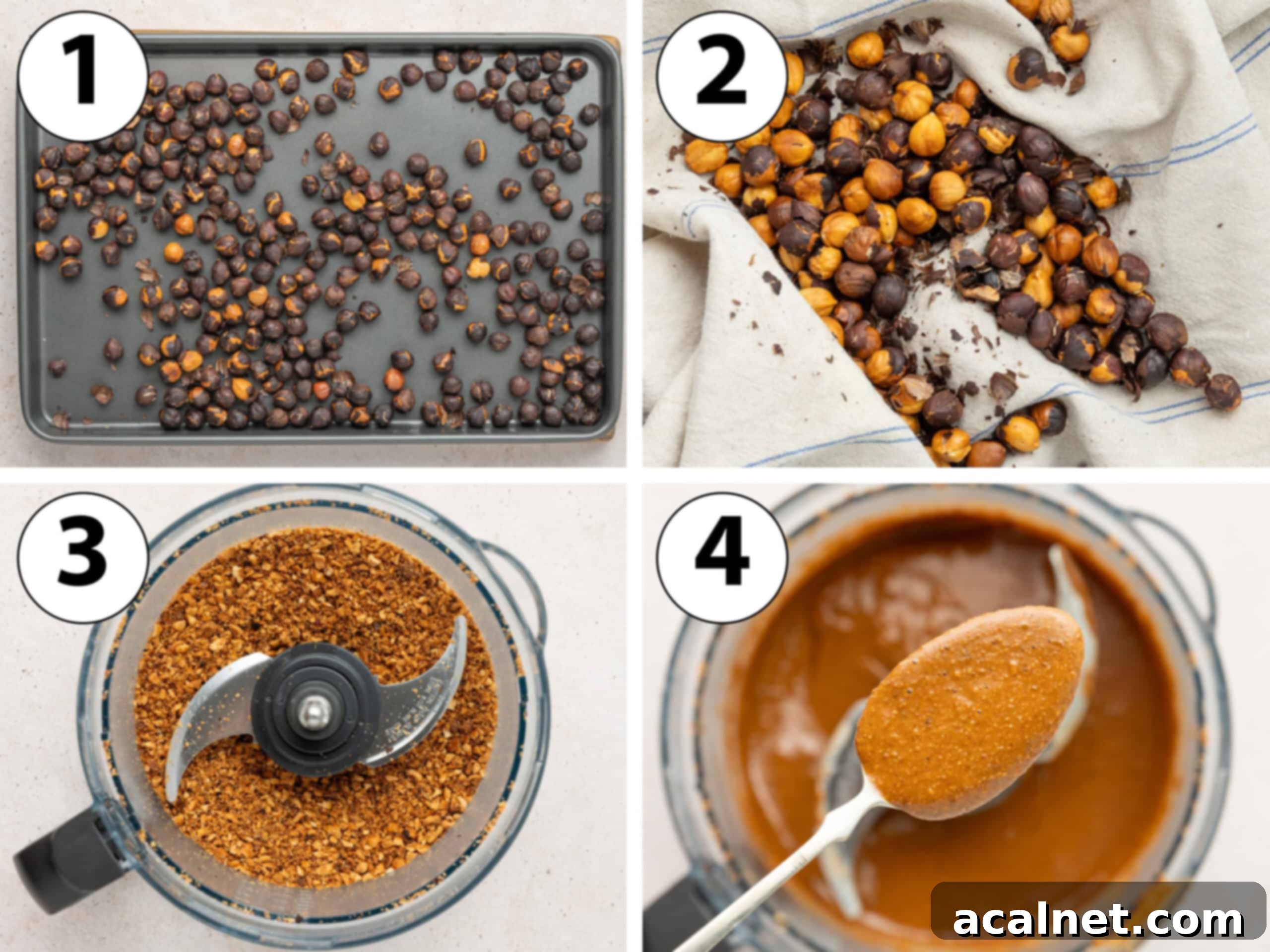 Crafting Homemade Hazelnut Butter 4 Process shot collage: roasted the hazelnuts, peeling them then blending in food processor to get a spread.
