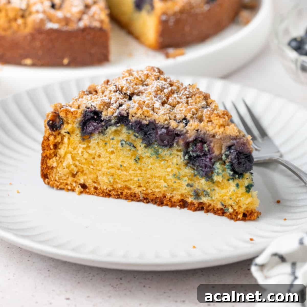 One slice of Blueberry Sour Cream Coffee Cake on a small white plate with a silver fork, showcasing its layers of moist cake, blueberries, and streusel.