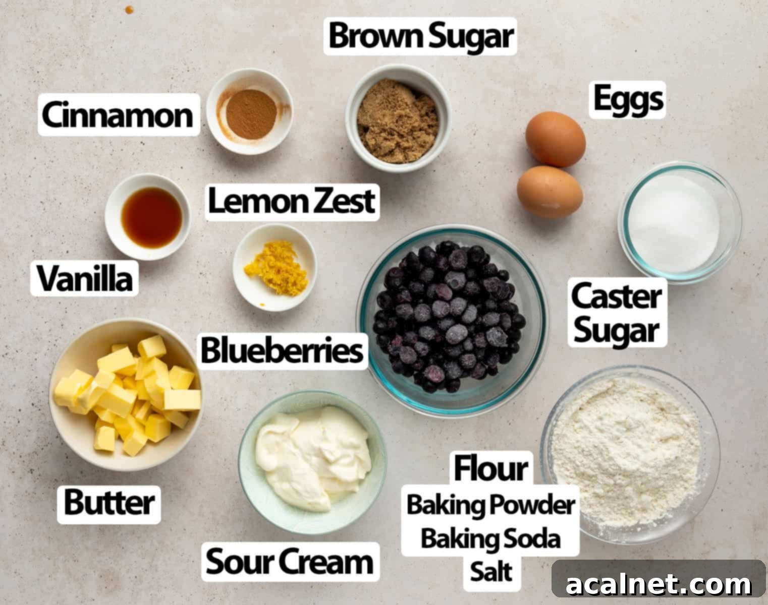 A selection of fresh ingredients for Blueberry Coffee Cake, including flour, sugar, butter, eggs, sour cream, and blueberries, neatly arranged on a beige surface.