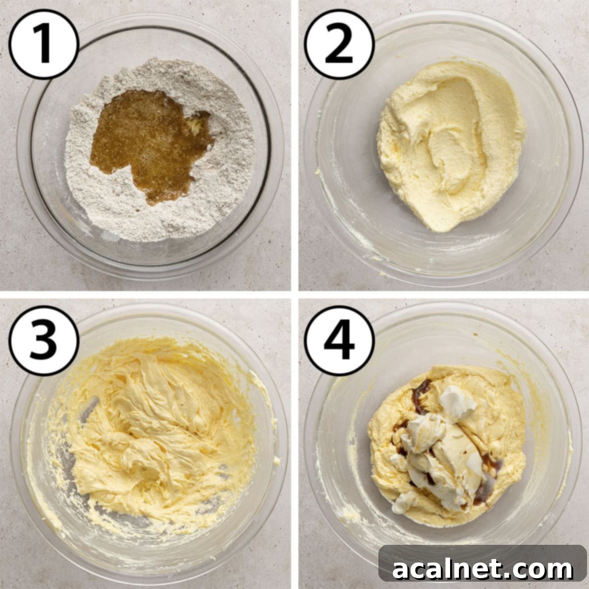 A collage of process shots showing the initial steps of mixing cake ingredients in a large glass bowl.