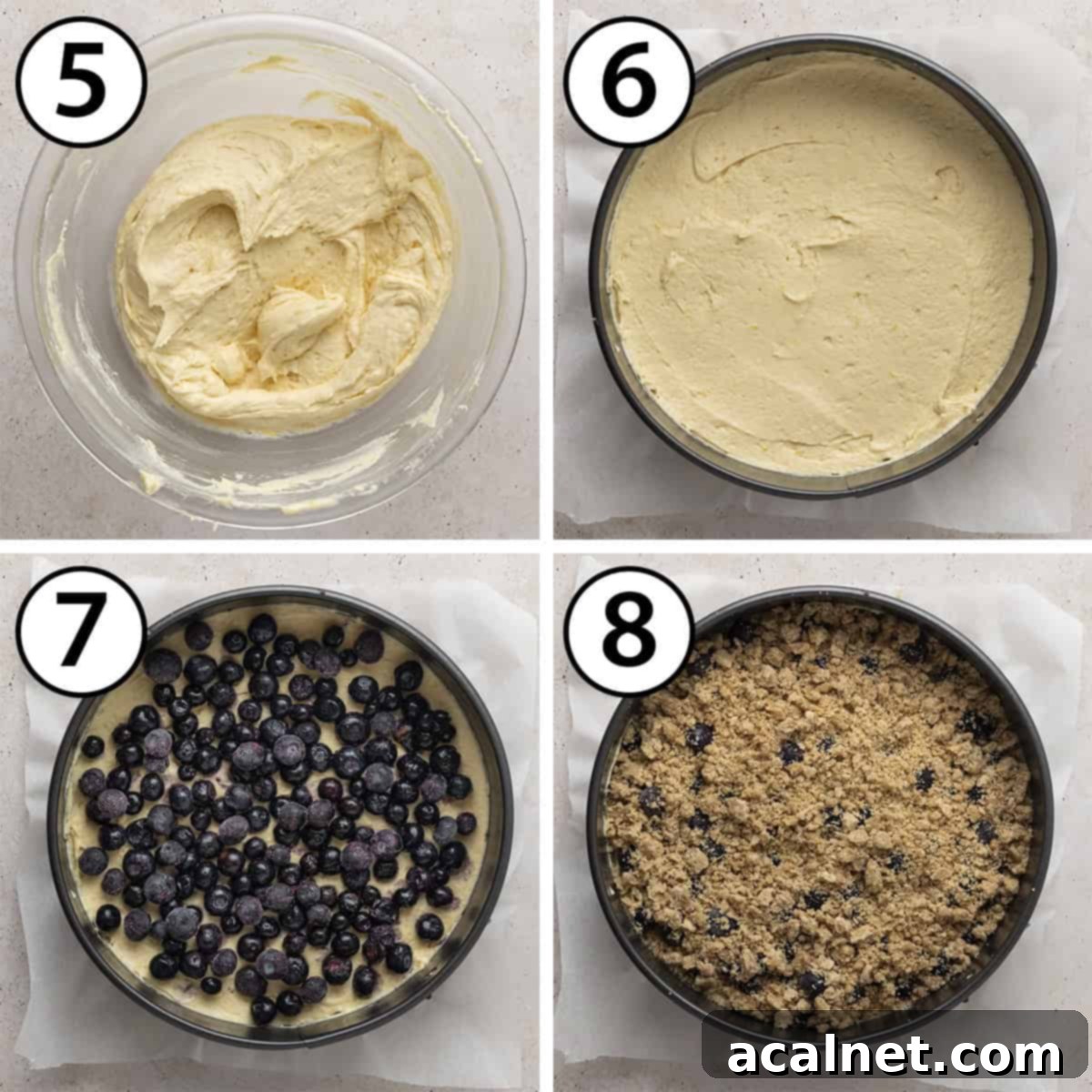 A collage of process shots illustrating how to assemble the coffee cake: pouring batter into a springform pan, topping with blueberries, and then adding the crumb topping.