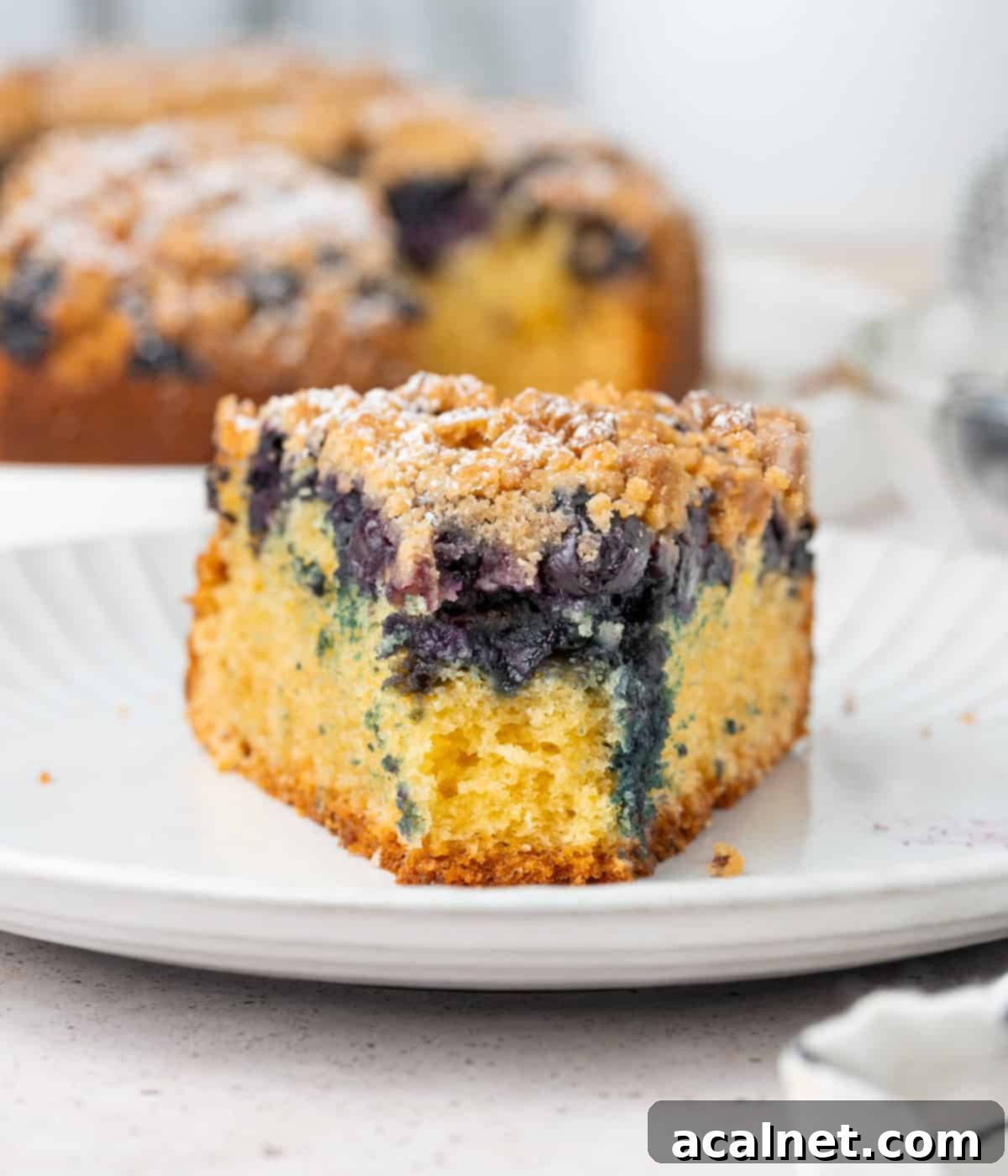 A close-up shot of one slice of Blueberry Sour Cream Coffee Cake on a small white plate, with a bite taken off, highlighting its moist interior and blueberry pockets.