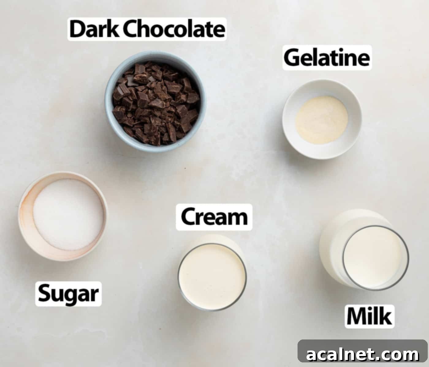 Creamy Chocolate Bliss 3 Ingredients placed on a beige surface.