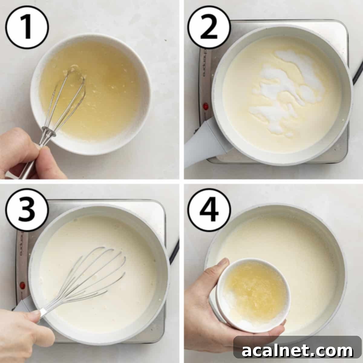 Creamy Chocolate Bliss 4 Process shot collage: hydrating the gelatine, heating up the milk cream and sugar then adding the gelatine.