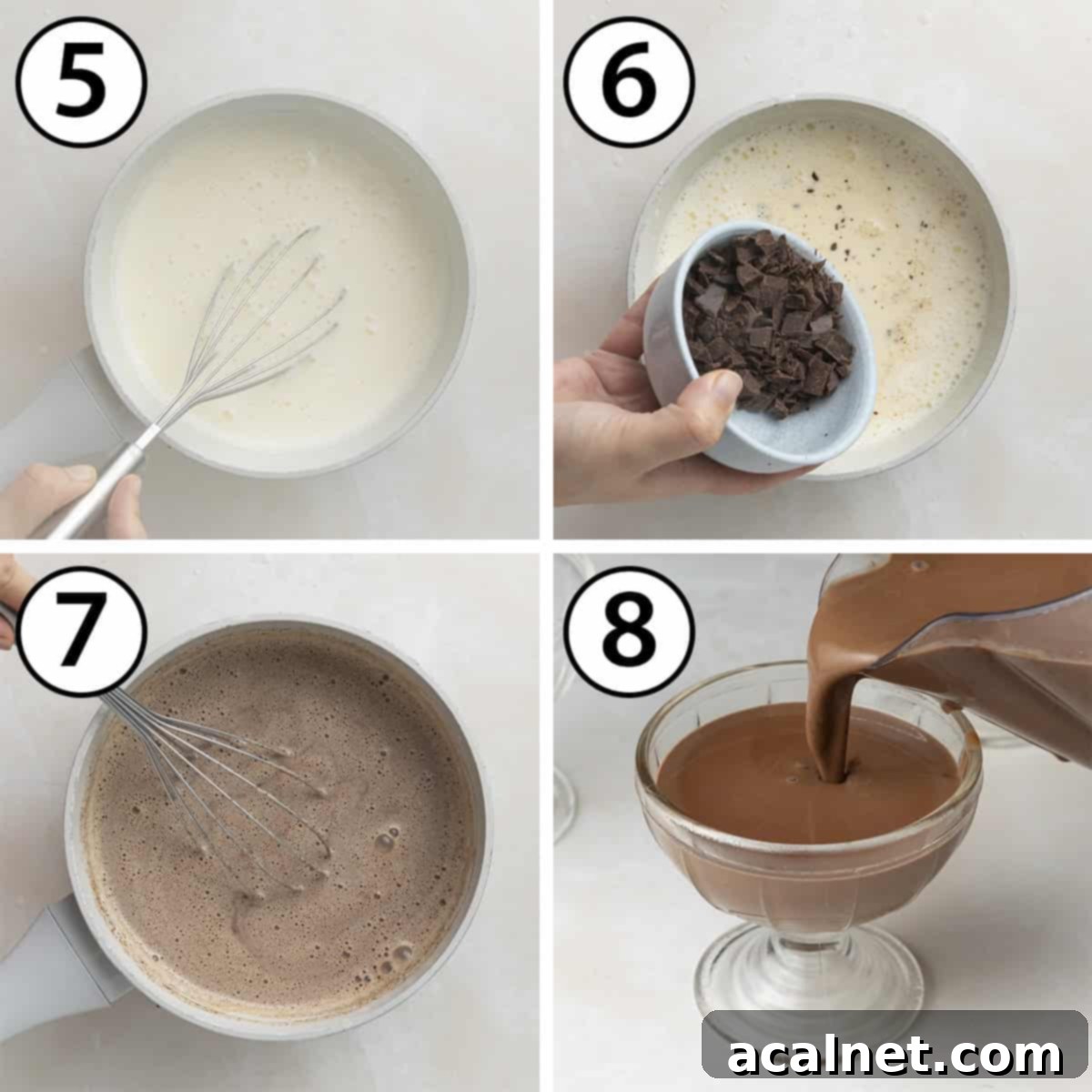 Creamy Chocolate Bliss 5 Process shot collage: dissolving the gelatine then the chocolate into the hot liquid and pouring it into a serving cup.