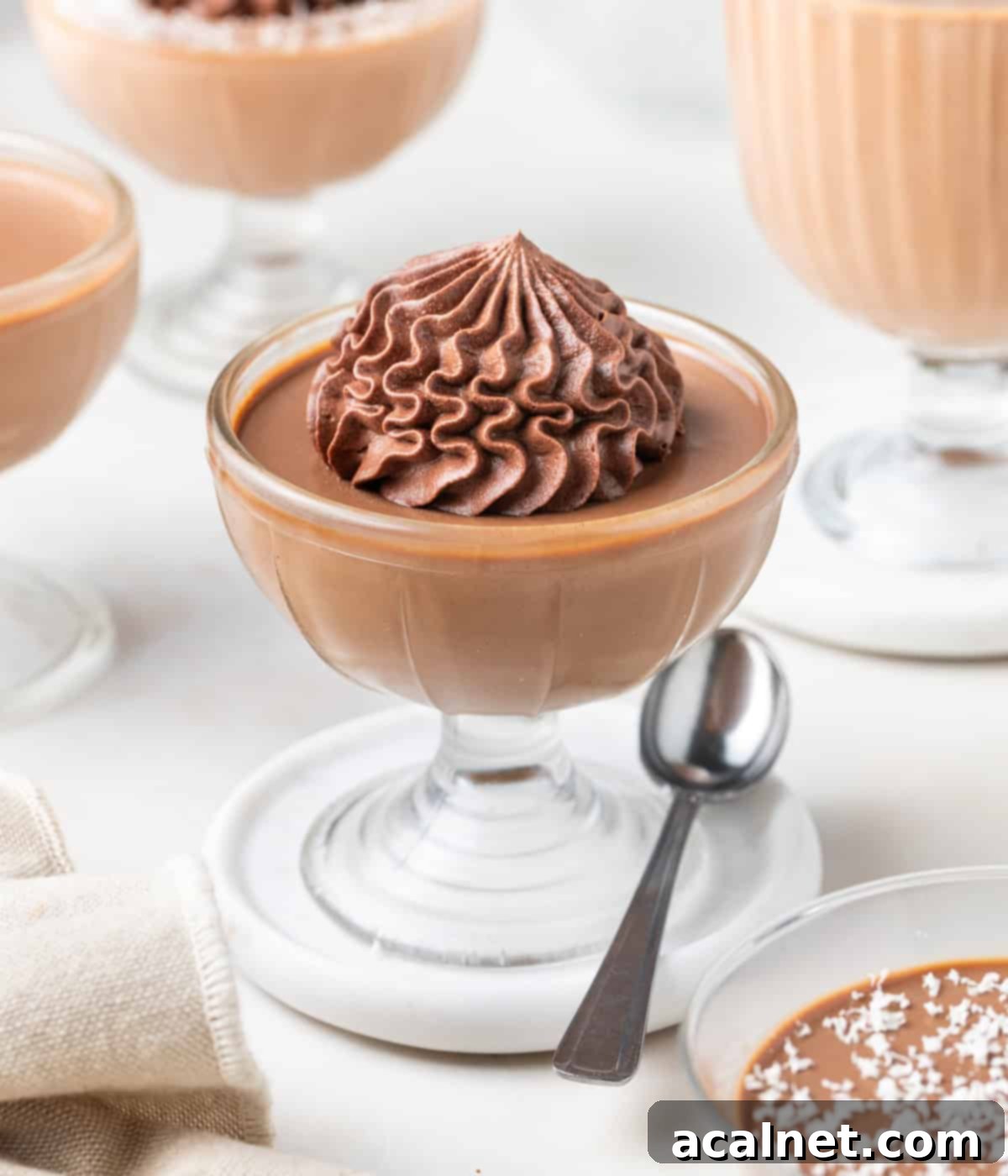 Creamy Chocolate Bliss 7 Panna cotta topped with chocolate whipped cream over a marble coaster.
