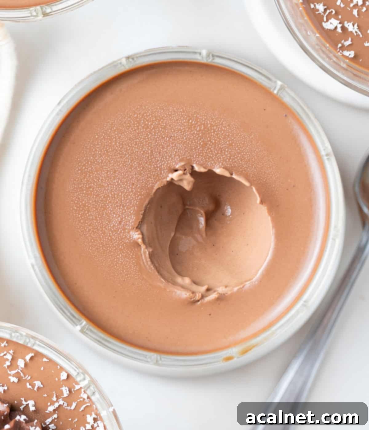 Creamy Chocolate Bliss 8 Cup seen from above with a spoon taken out of the panna cotta, revealing its internal texture.