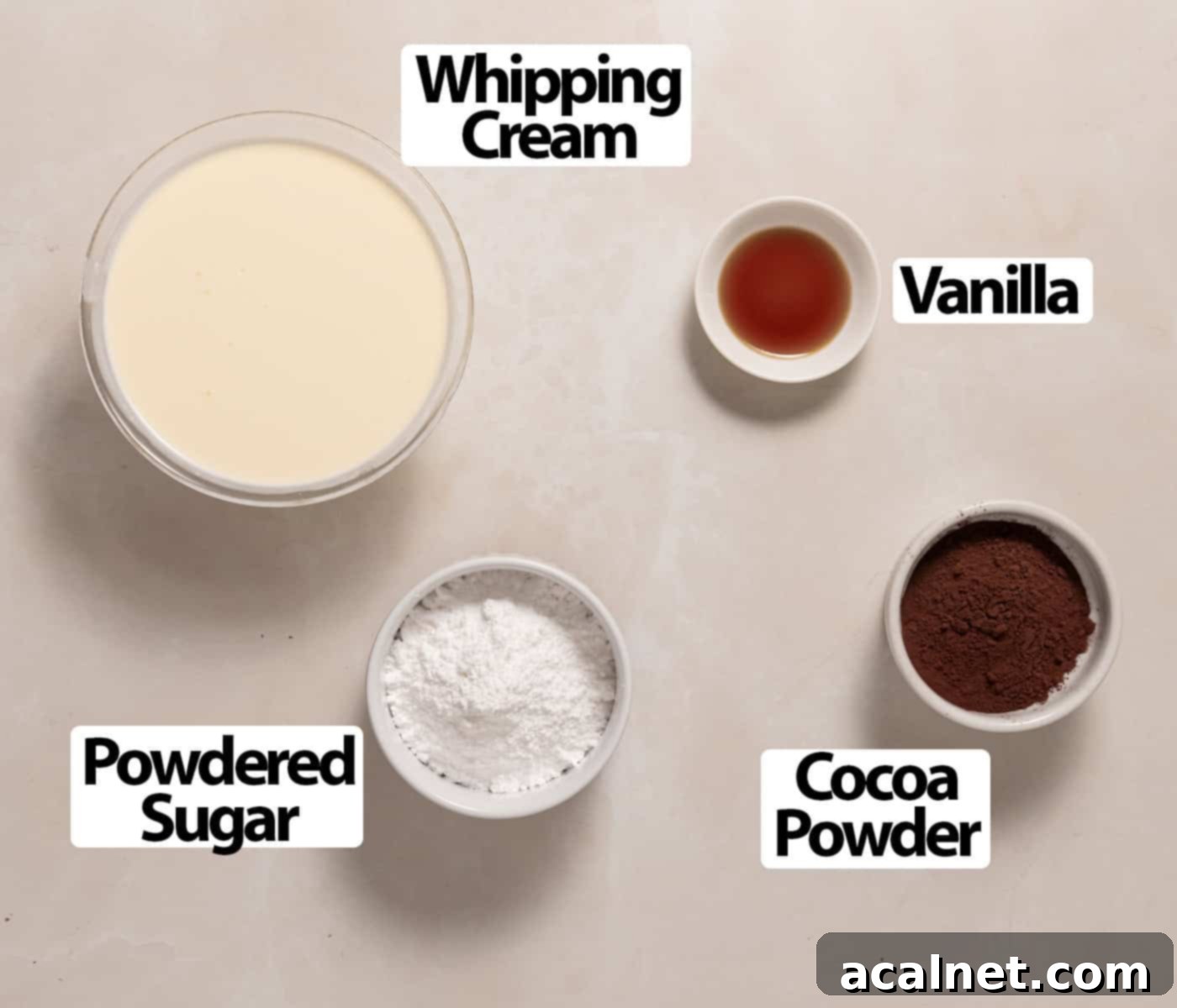 Chocolate Cloud Frosting 3 Ingredients laid on a beige surface.