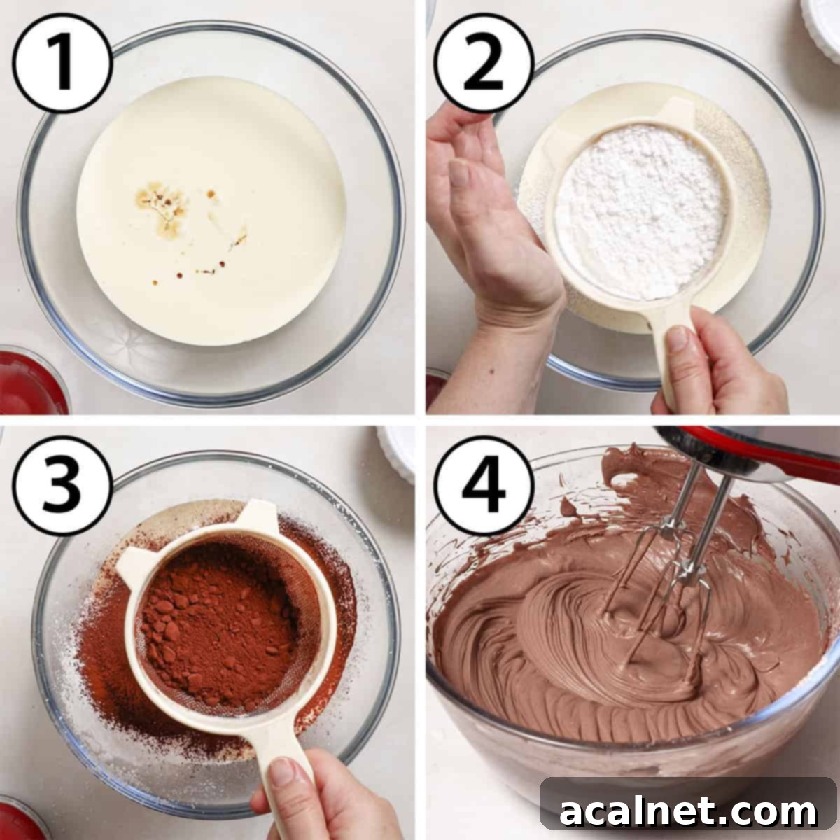 Chocolate Cloud Frosting 4 Process shots collage: sifting sugar and cocoa over cream and vanilla in a bowl, then whipping it to medium stiff peaks.