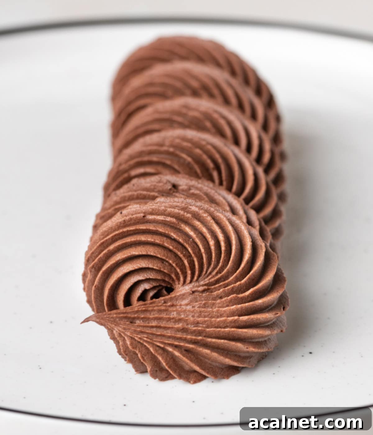 Chocolate Cloud Frosting 6 Close up on a line of piped whipped cream on a small white plate.