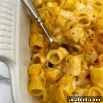 A close-up shot of a ceramic dish brimming with golden Butternut Squash Mac and Cheese, with a serving spoon indicating its creamy texture.