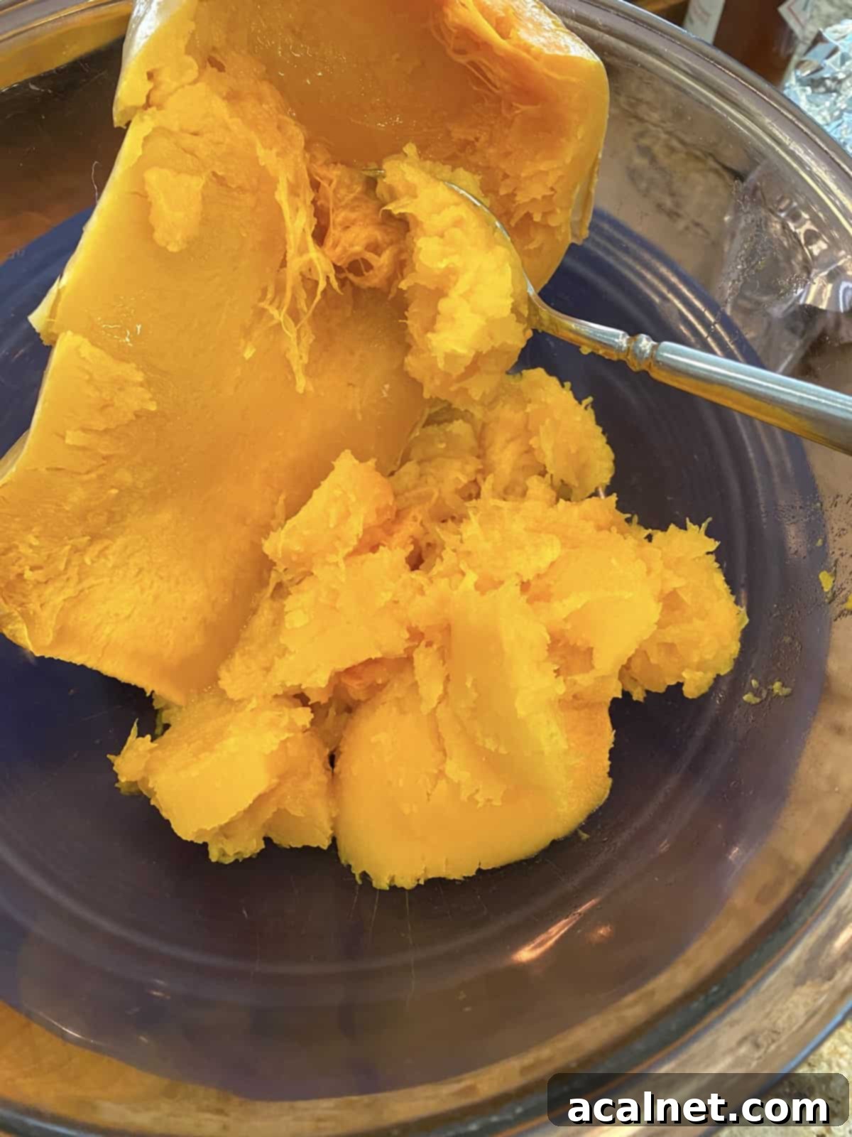 A spoon gently scooping the soft, orange flesh of cooked butternut squash from its peel into a waiting bowl.