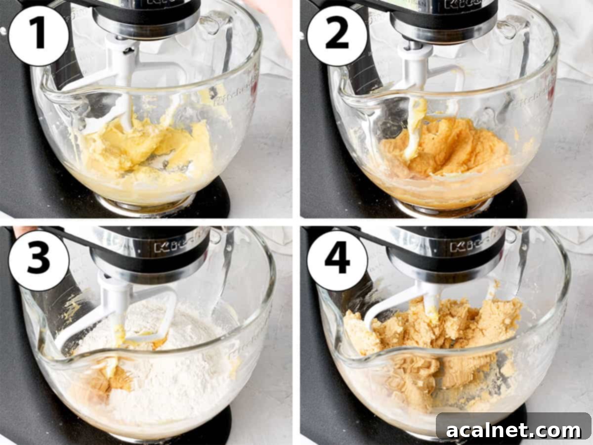 Process shot collage: stages of mixing the pastry dough ingredients in a stand mixer, from creaming butter and sugar to combining all dry ingredients.